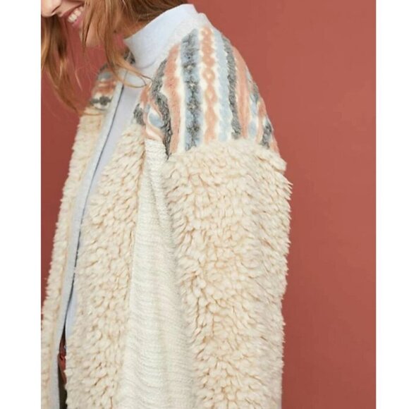 Anthropologie Ivory Sherpa Sweater Jacket Large Womens – Open Front Cozy Shacket - Picture 8 of 10